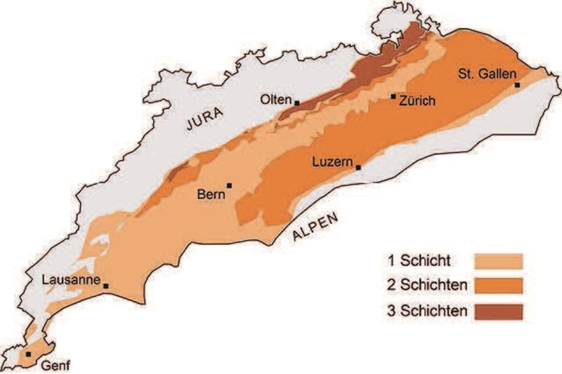 Die Karte der Alpennordseite bezeichnet Gebiete, in denen die Geologen der Universität Bern die Gesteinsschichten für einen Porenspeicher mit Geomethanisierung grundsätzlich für geeignet halten. (Grafik: pd)