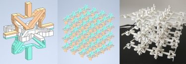 Links: Einheitszelle aus Strukturelementen, Mitte: Aufbau des Materials aus vielen Zellen, Rechts: 3D-gedruckter Demonstrator. (Grafik: pd)