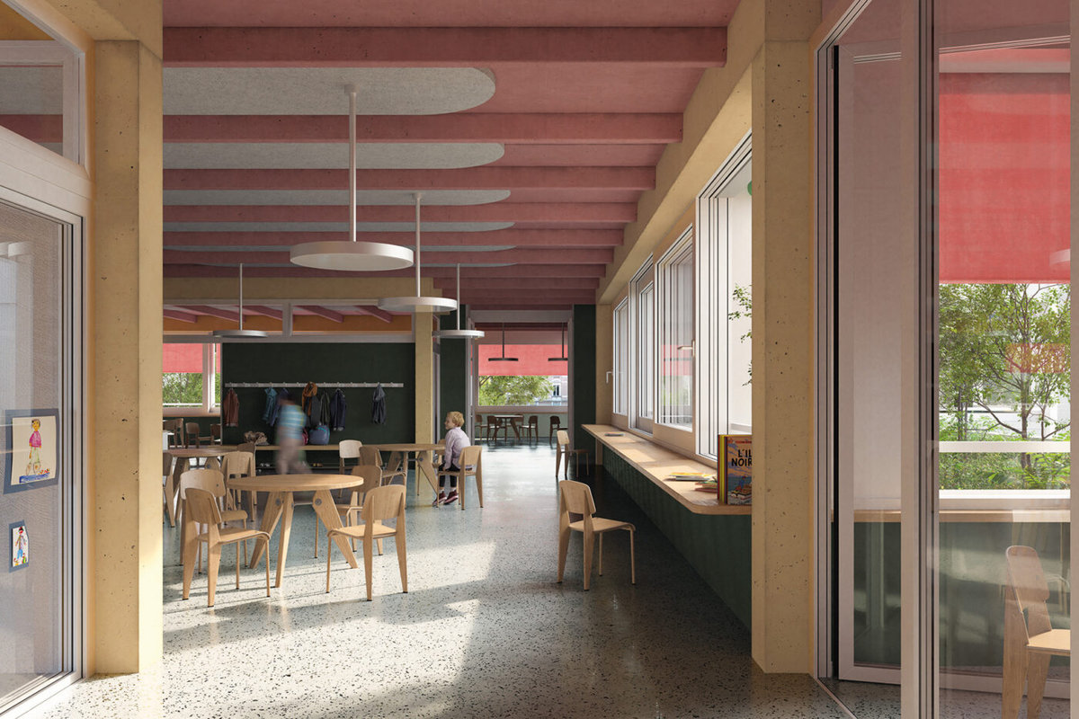 Schulanlage Sirius in Zürich: Visualisierung des Siegerprojekts "Kevin" mit Blick in den Schulraum-Cluster. (Visualisierung: Hochbaudepartement Stadt Zürich)
