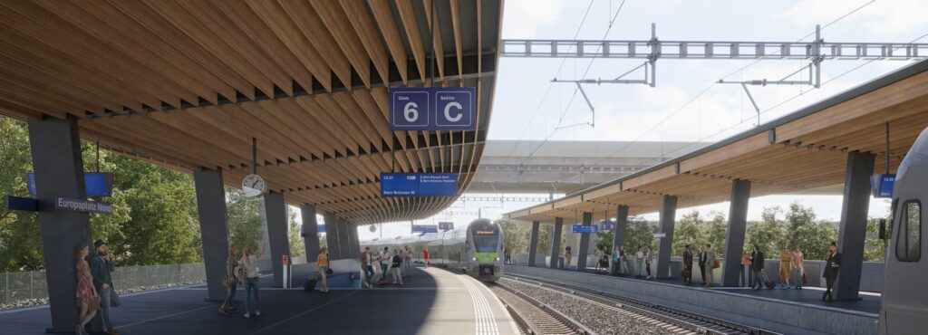Der neue Bahnhof Europaplatz Nord erschliesst das Aufstrebende Quartier Bern West. (Visualisierung: SBB)