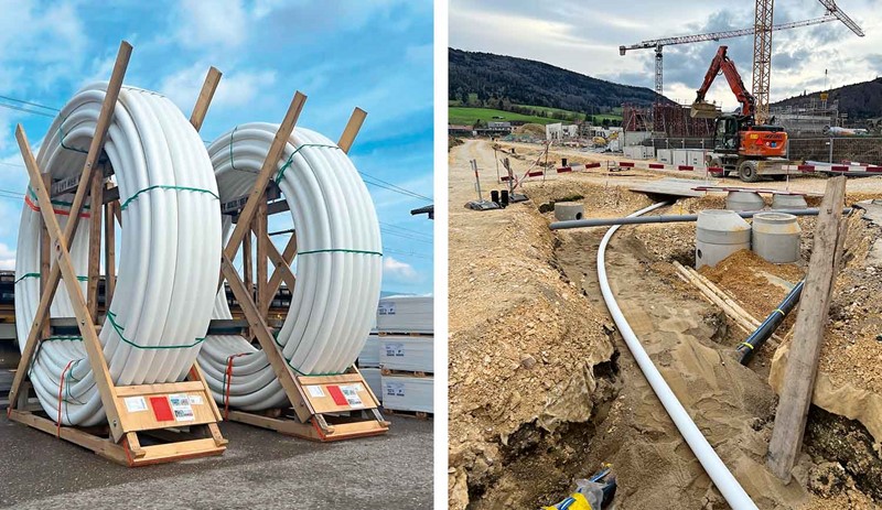 Die beiden Trommeln à 400 Meter Leitung (l.) warten darauf, dass die Arbeit fortgesetzt wird. Strecken und Bögen lassen sich mit einer PE-Rohrleitung leicht realisieren (r.). (Foto: pd)