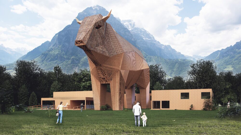 Leuchtturm des Schweizer Holzes: Rund 150 Ostschweizer Holzbetriebe fertigen derzeit den gigantischen Muni Max. Seinen Auftritt hat der 20 Meter hohe Holz-Stier am Eidgenössischen Schwing- und Älplerfest (ESAF 25) vom 29. bis 31. August im Glarnerland. (Visualisierung holzvisionmax.ch)