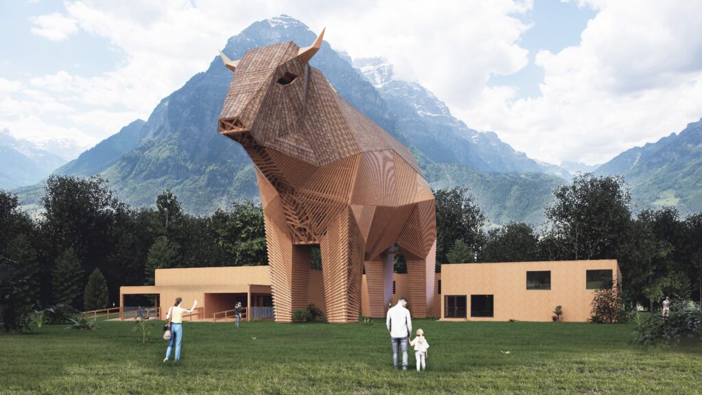 Leuchtturm des Schweizer Holzes: Rund 150 Ostschweizer Holzbetriebe fertigen derzeit den gigantischen Muni Max. Seinen Auftritt hat der 20 Meter hohe Holz-Stier am Eidgenössischen Schwing- und Älplerfest (ESAF 25) vom 29. bis 31. August im Glarnerland. (Visualisierung holzvisionmax.ch)