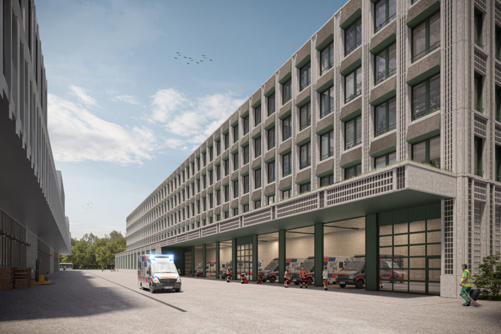 Das neue Gebäude für den Rettungsdienst Zug umfasst neben dessen Hauptstützpunkt auch Büroflächen für den Kanton Zug. (Visualisierung Zugerland Verkehrsbetriebe)