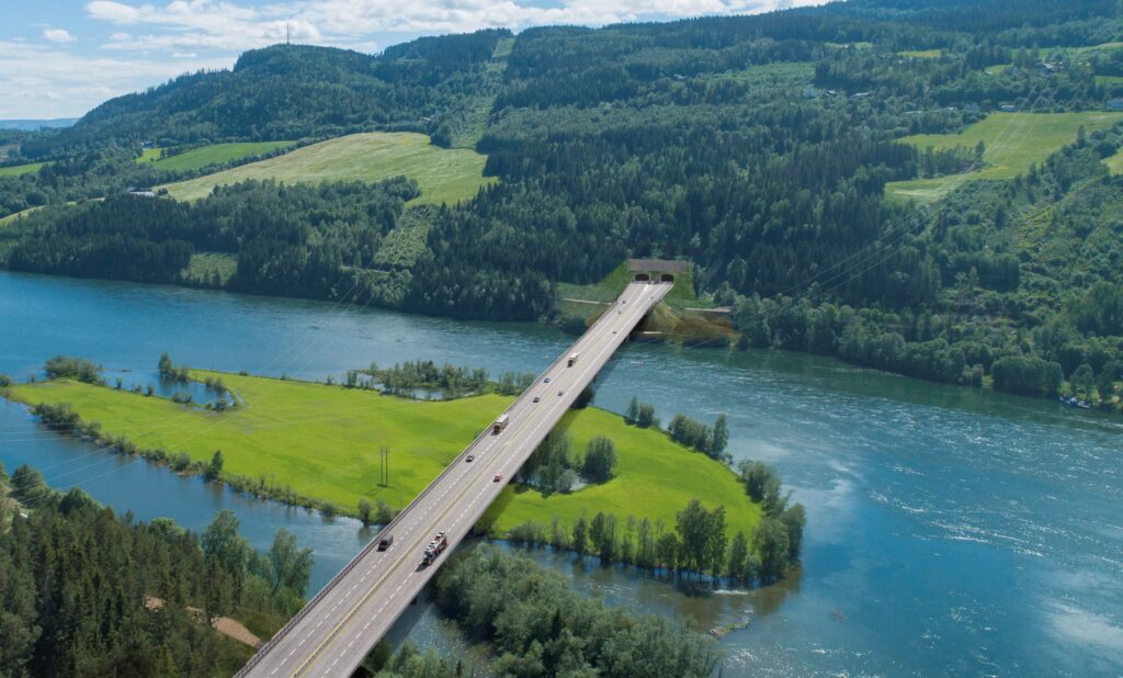 Mit einer Länge von 552 Meter wird die Lågen-Brücke den gleichnamigen Fluss bei Lillehammer (N) überspannen.