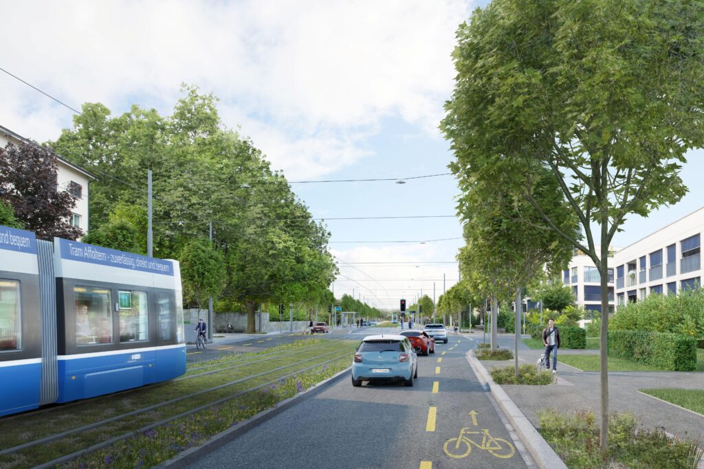 Visualisierung des Tram Affoltern beim Birchdörfli. (Visualisierung: Volkswirtschaftsdirektion Kanton Zürich)