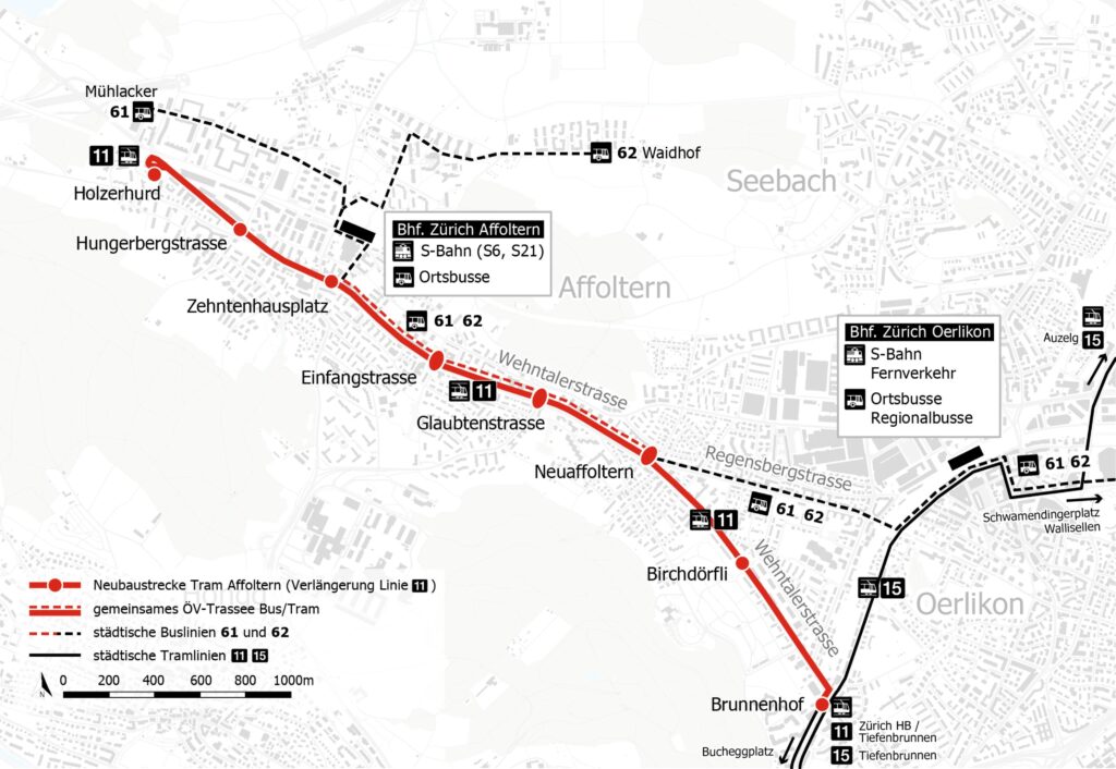 Übersichtsplan zur neuen Tramlinie nach Zürich-Affoltern. (Grafik: Volkswirtschaftsdirektion Kanton Zürich)