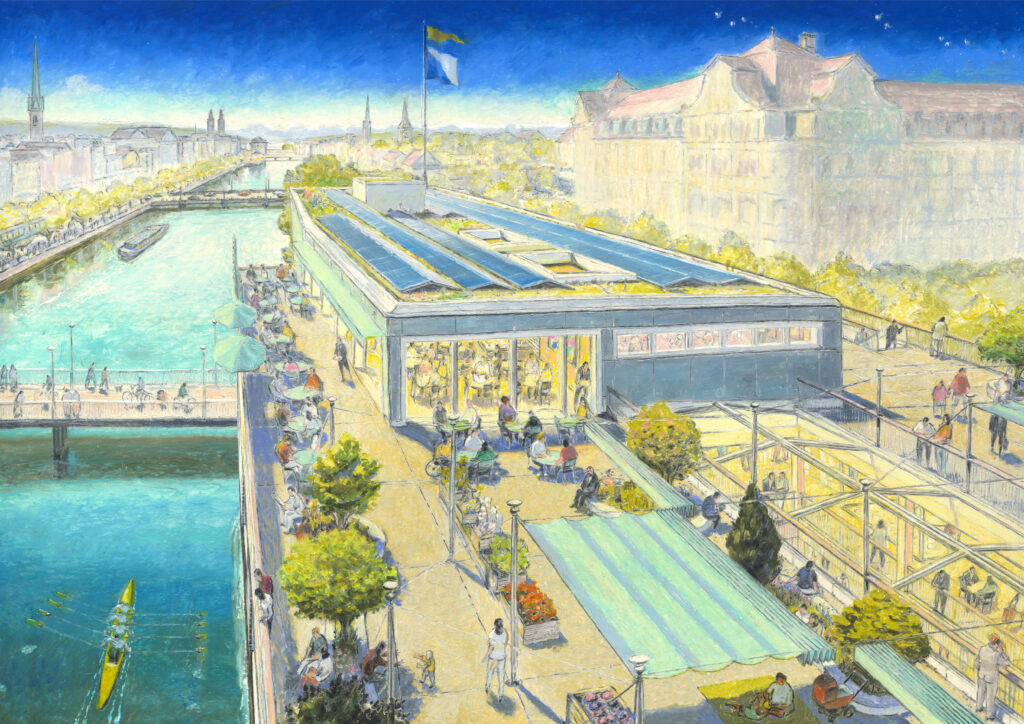 Blick auf die Dachterrasse des Globus-Provisoriums. (Illustration: Matthias Gnehm)