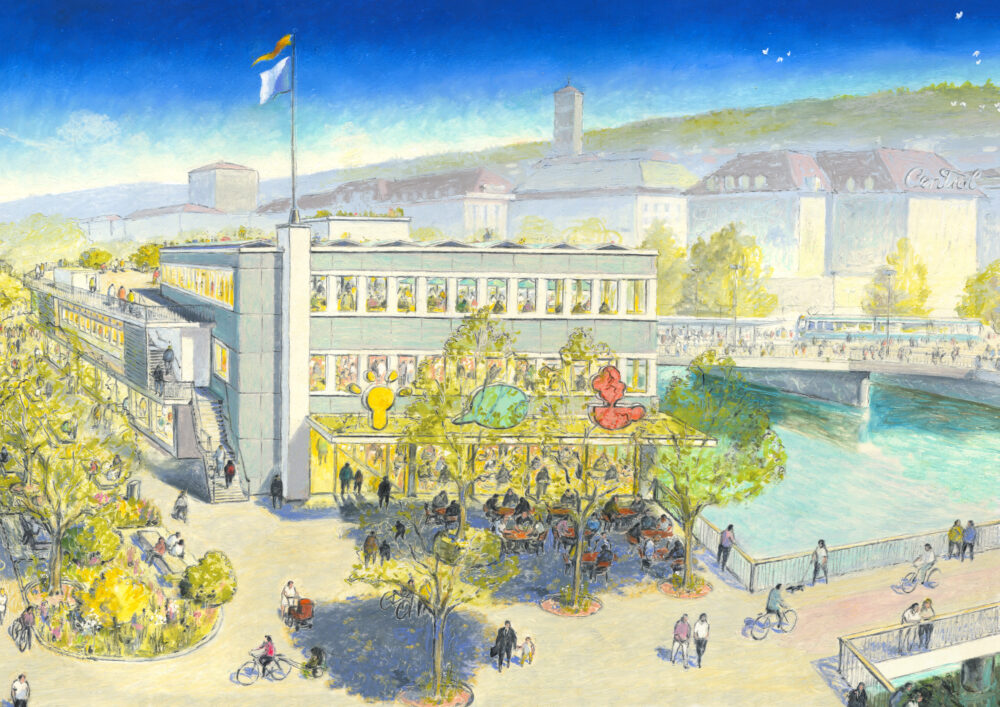 Beim Mühlesteg entsteht ein Platz vor dem Globus-Provisorium. (Illustration: Matthias Gnehm)