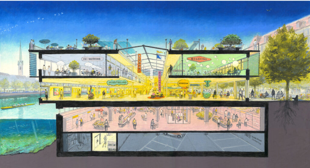 Querschnitt durch das umgenutzte Globus-Provisorium. (Illustration: Matthias Gnehm)