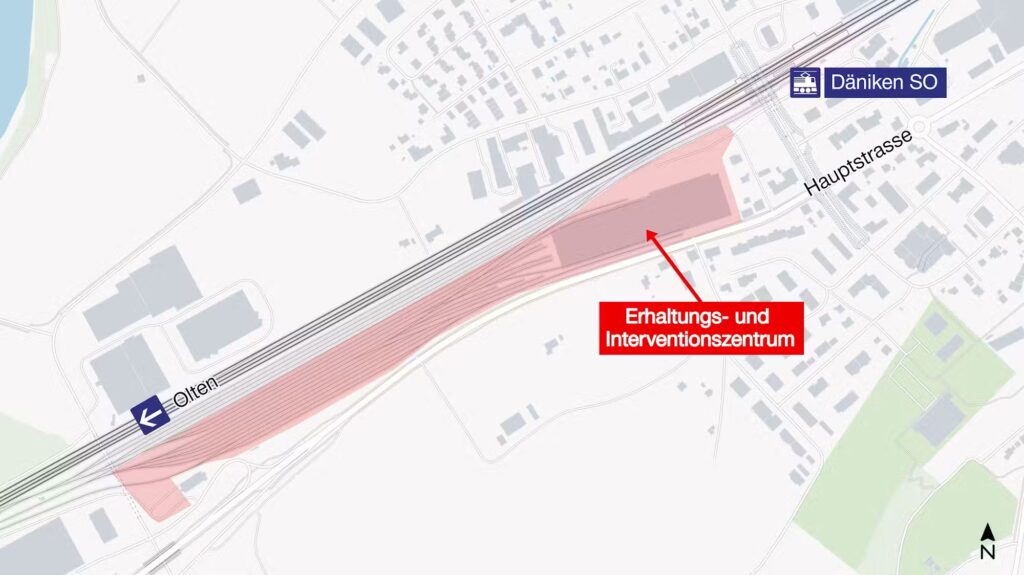 Die Grafik zeigt den Standort des künftigen Erhaltungs- und Interventionszentrum (EIZ) in Däniken SO. (Grafik: SBB)