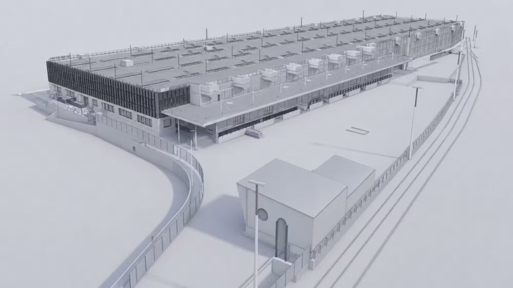 Die Visualisierung zeigt das neue Erhaltungs- und Interventionszentrum (EIZ) von der Bahnhofstrasse aus. Der Haupteingang befindet sich unter der überdachten Ecke links des Gebäudes. (Visualisierung: SBB)