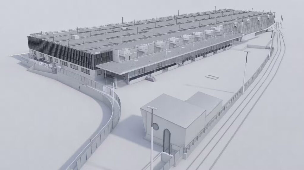 Die Visualisierung zeigt das neue Erhaltungs- und Interventionszentrum (EIZ) von der Bahnhofstrasse aus. Der Haupteingang befindet sich unter der überdachten Ecke links des Gebäudes. (Visualisierung: SBB)