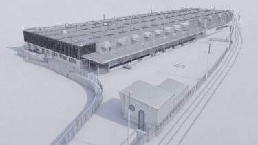 Die Visualisierung zeigt das neue Erhaltungs- und Interventionszentrum (EIZ) von der Bahnhofstrasse aus. Der Haupteingang befindet sich unter der überdachten Ecke links des Gebäudes. (Visualisierung: SBB)